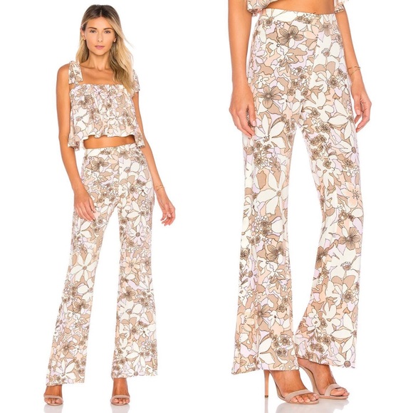 For Love And Lemons Pants - FOR LOVE & LEMONS Renato Floral Flared Pants in Tan Pink